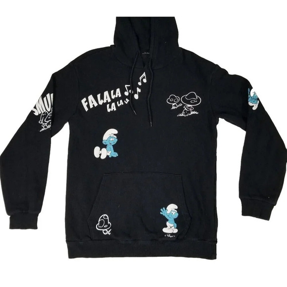 Smurfs Hoodie Hooded Sweatshirt Pullover Adult Size Small Mushrooms Back Graphic - Picture 2 of 11